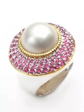 Genuine Cultured Pearl & Rubies in Sterling Silver Ring. Size 7
